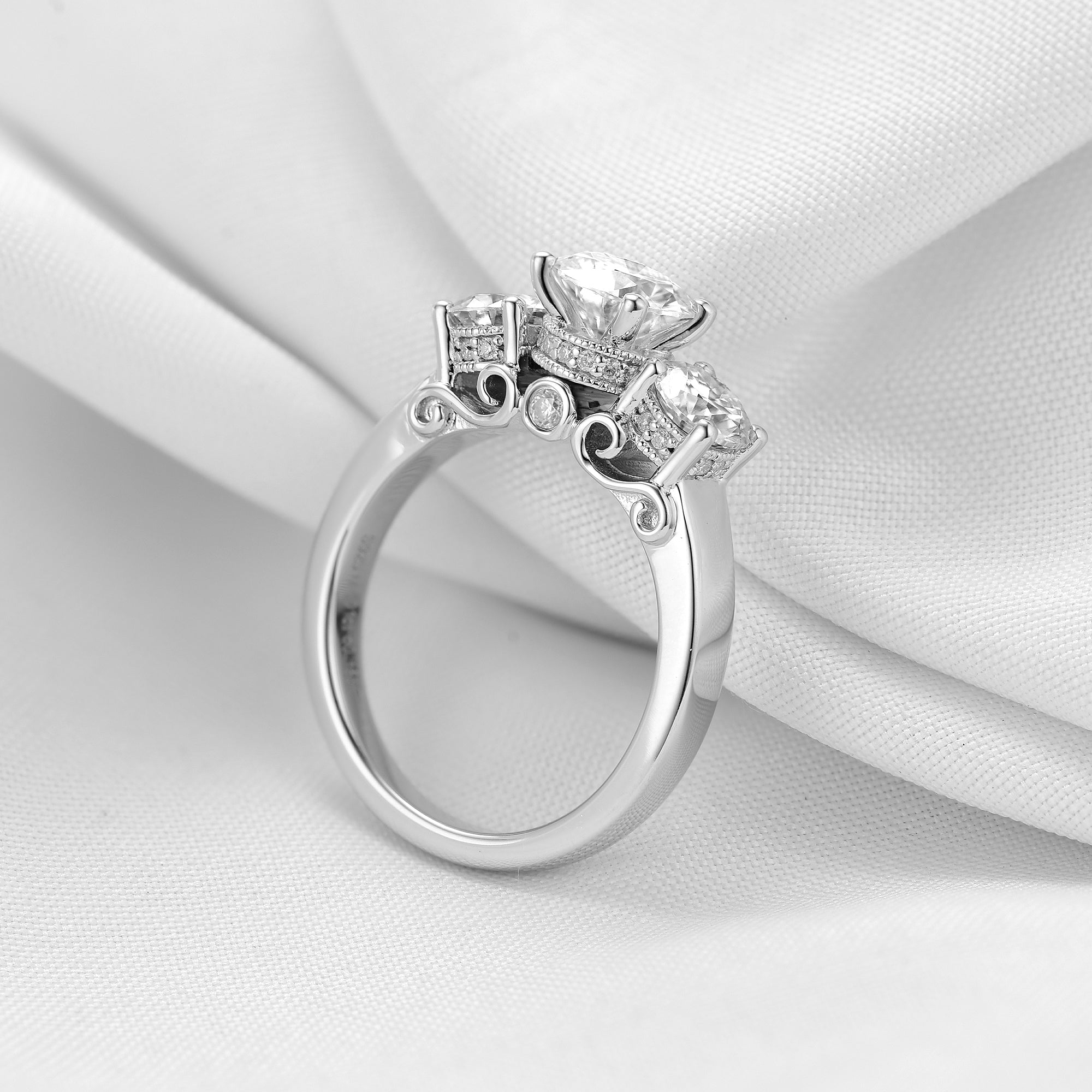 DovEggs sterling silver 2 carat three stone round moissanite engagement ring