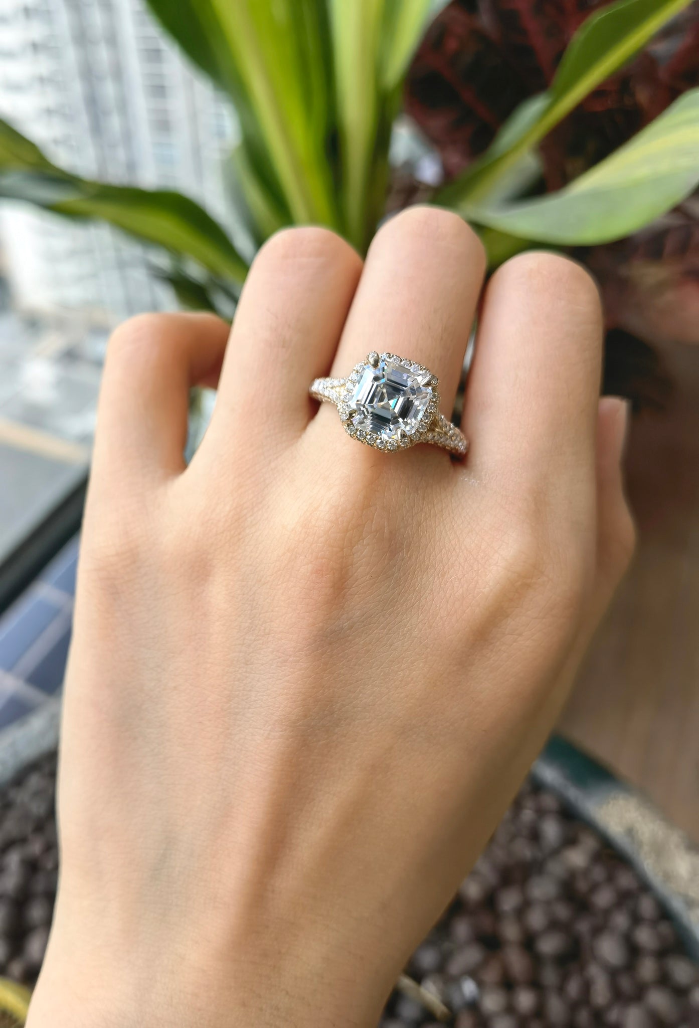 Doveggs asscher half eternity pave moissanite engagement ring