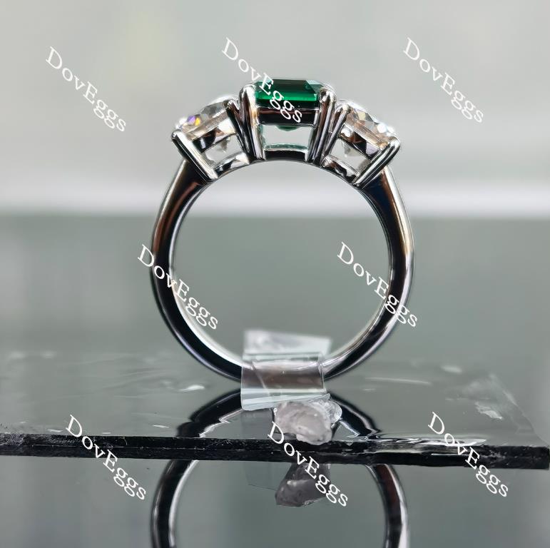 Doveggs three-stone asscher zambia emerald colored gem engagement ring