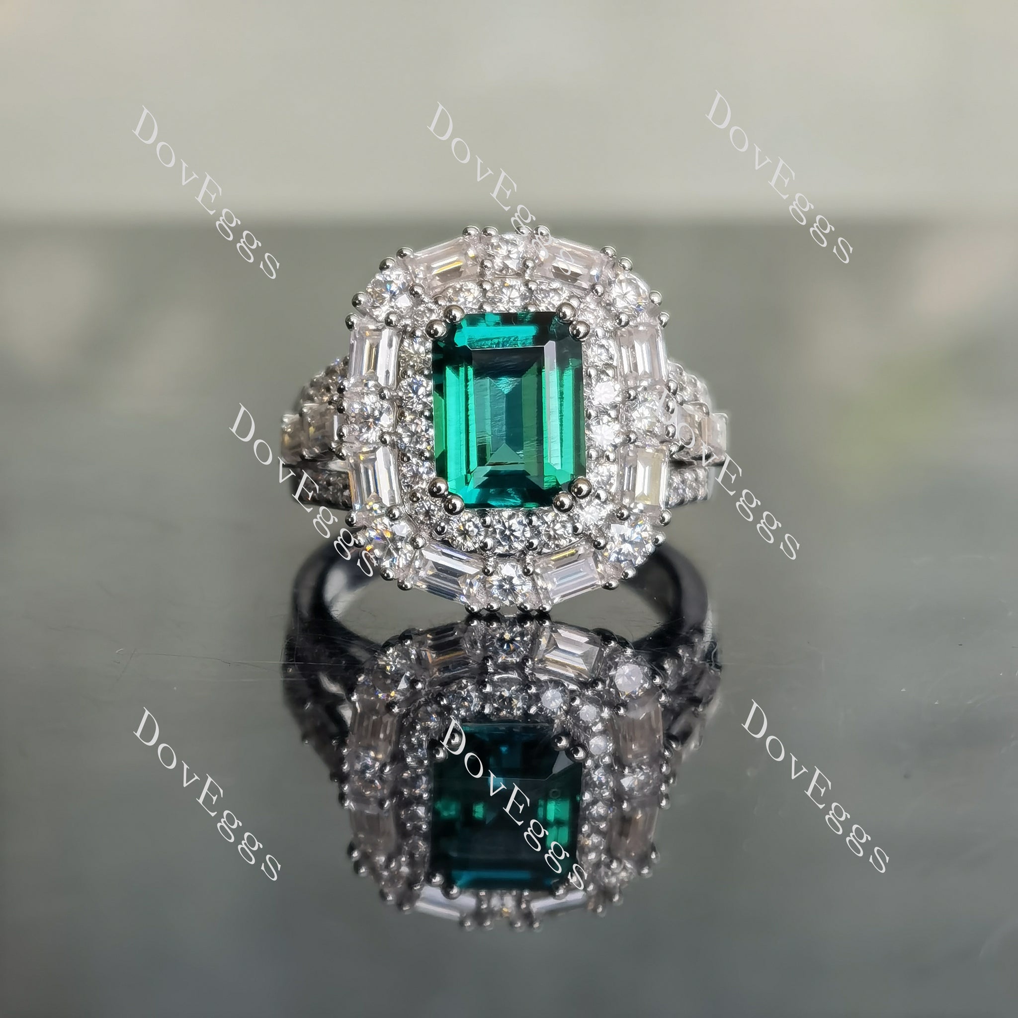 DovEggs emerald split shank double halo colored gem engagement ring