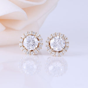 doveggs moissnaite earring studs 14k yellow gold 1ct center 5mm moissanite halo earrings with jackect push back for women - DovEggs-Seattle