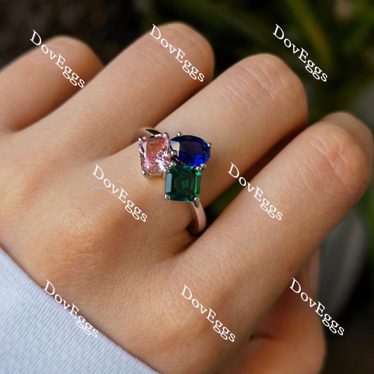 Doveggs pear radiant asscher three stone colored gem ring